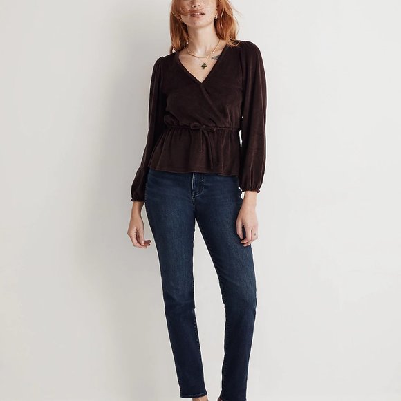 Madewell Corduroy Tie-Front Faux-Wrap Top. - Picture 2 of 14
